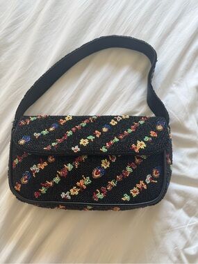 Anthropologie Black Beaded Shoulder Bag with Multicolor Floral Beads